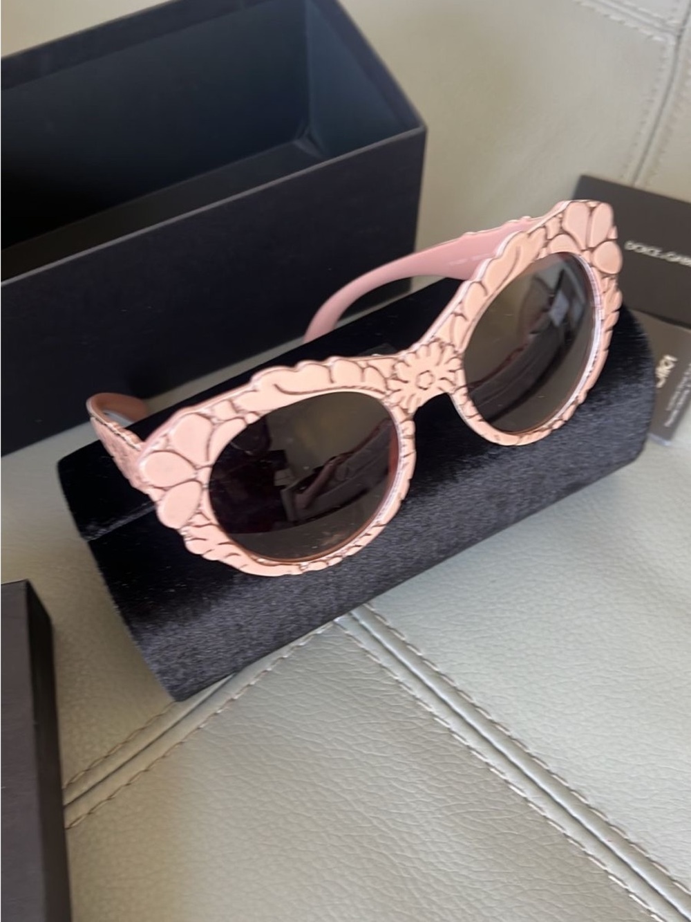 Dolce & Gabbana Pink Floral Round Sunglasses with Dark Lenses